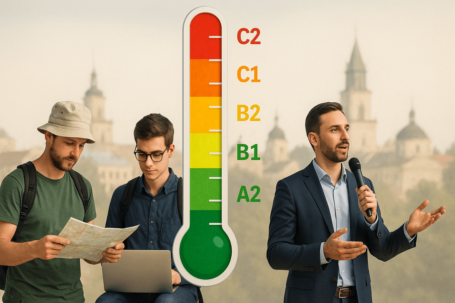 Grafika przedstawiająca skalę poziomów angielskiego A1–C2 z ikonami osób uczących się w Lublinie
