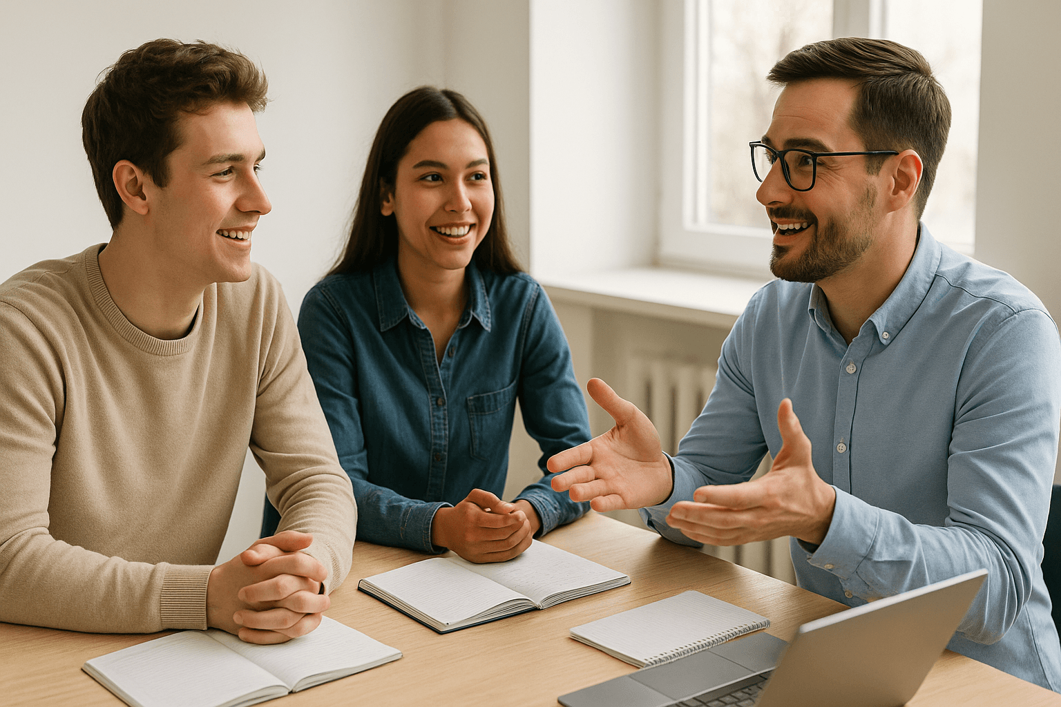 Kursanci rozmawiający po angielsku z lektorem podczas praktycznych zajęć z komunikacji
